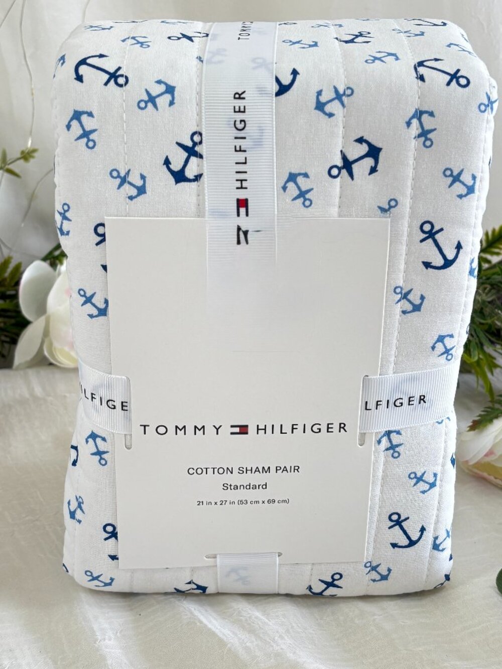 Tommy Hilfiger Blue Nautical Anchors Quilted Standard Shams Set 2 RARE New